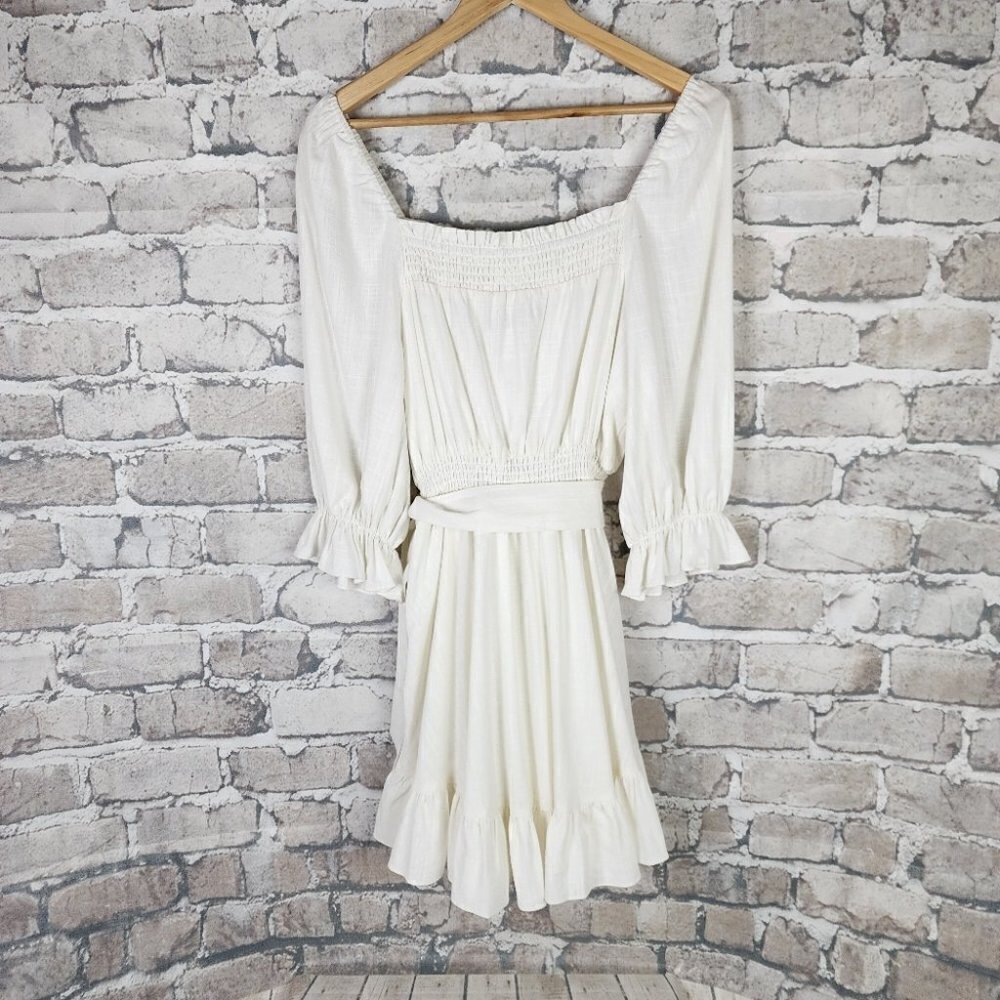 Ever New Puff Sleeve Ruffle Mini Dress Smocked Neckline Porcelain Ivory Size 6 - Picture 12 of 15